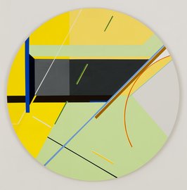 Abstraktes rundes Gemälde in Gelb, Schwarz und Hellgrün mit Linien in anderen Farben.