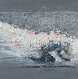Wasserwerferserie: Der Aufprall 1, 2019, Mischtechnik auf Holz, Format: 14,5x26 cm.