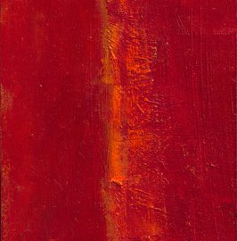 In the middle is the apex, 2019, acrylic and oil on Bristol board, 29 x 8 cm. Motiv: abstract figure in space, in red and orange.
