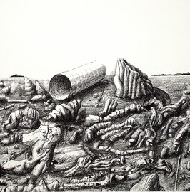 Meereslandschaft, abstrakt, schwarz-weiß. Siebdruck.