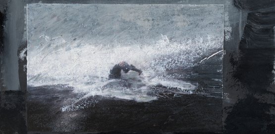 Wasserwerferserie: Der Aufprall 6, 2019, Mischtechnik auf Holz, Format: 14,5x26 cm.