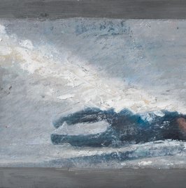 Wasserwerferserie: Der Aufprall 3, 2019, Mischtechnik auf Holz, Format: 14,5x26 cm.