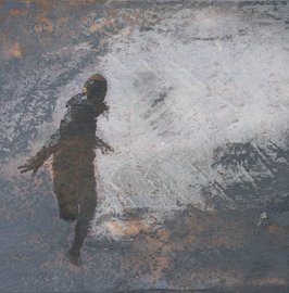 Malerei. Flüchtende Person. Von rechts gerichteter Wasserstrahl.