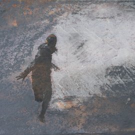 Wasserwerferserie: Der Aufprall 4, 2019, Mischtechnik auf Holz, Format: 14,5x26 cm.
