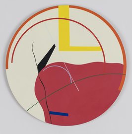Abstraktes rundes Gemälde in Gelb und Rot mit farbigen Linien und geometrischen Formen. 