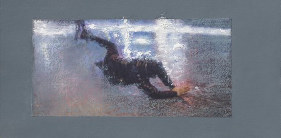 Wasserwerferserie: Der Aufprall 5, 2019, Mischtechnik auf Holz, Format: 14,5x26 cm.