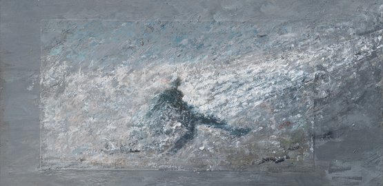 Wasserwerferserie: Der Aufprall 8, 2019, Mischtechnik auf Holz, Format: 14,5x26 cm.